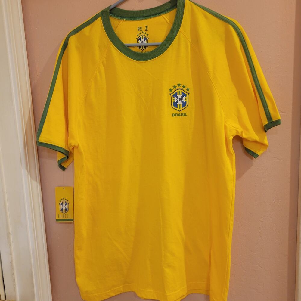 Retro Brazil CBF Soccer Jersey Ringer T-Shirt Yellow Green Cotton Size XL NWT